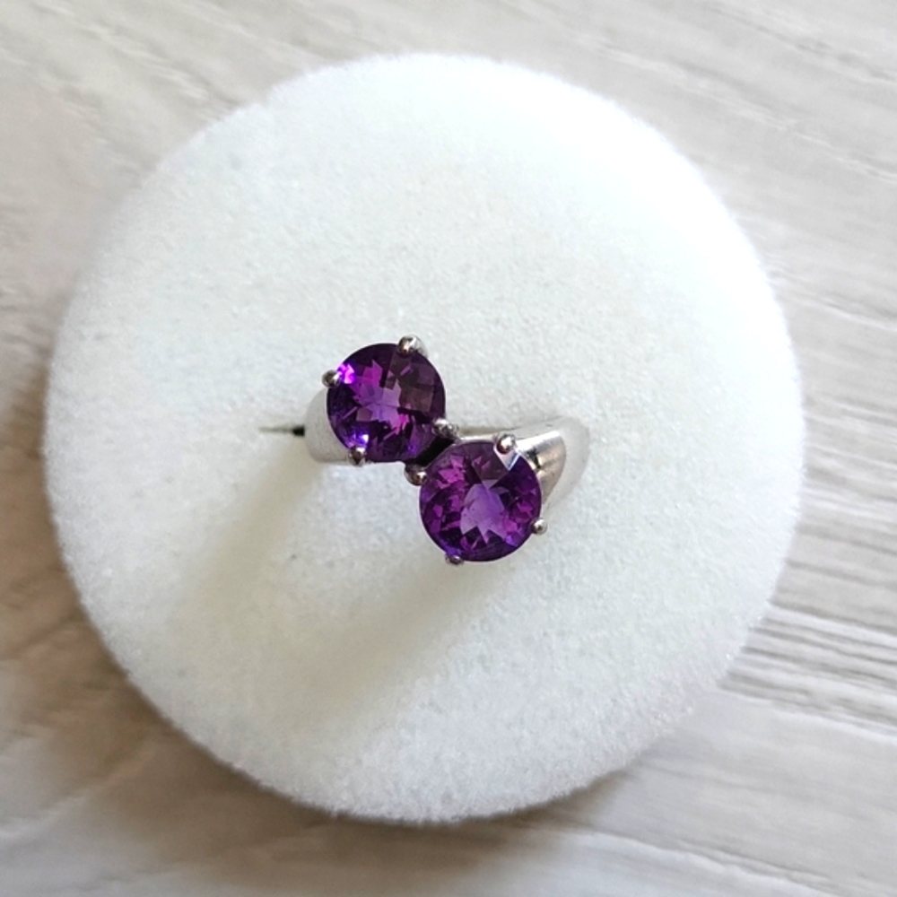 Vintage 925 Silver Assymetric Double Amethyst Ring